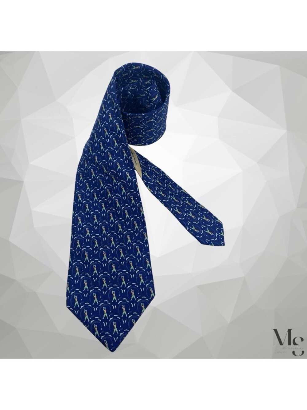 Salvatore Ferragamo Silk Tie Navy Blue Golfer Golf Swing Novelty Print Italy EUC